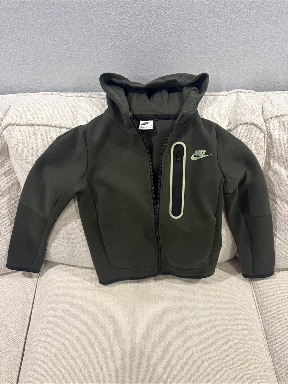 Nike Dark Olive Green Hoodie Jacket with Lime Trim